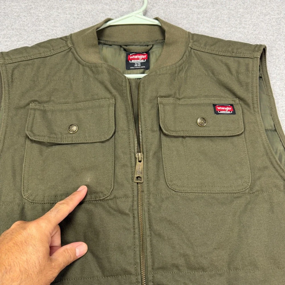 Wrangler Workwear Mens XL Canvas Quilted Utility Vest Olive Green Full Zip